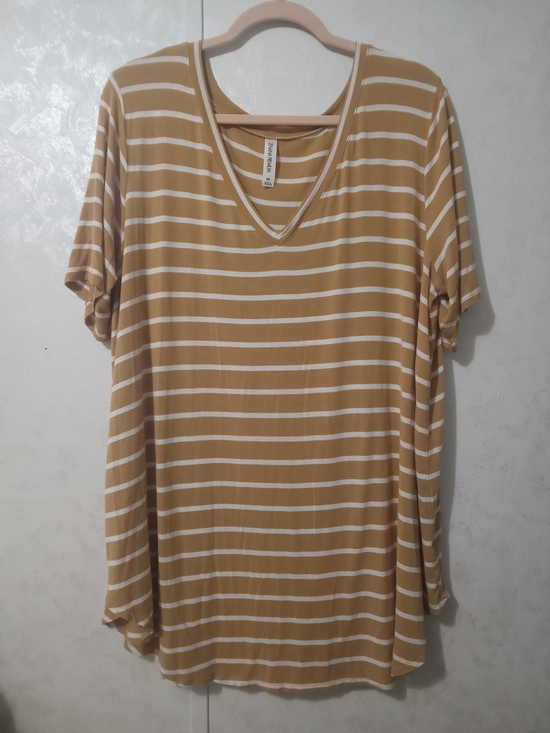 Zenana Outfitters Tops - Zenana Premium Mustard & White Striped V-Neck Tee Size 3X